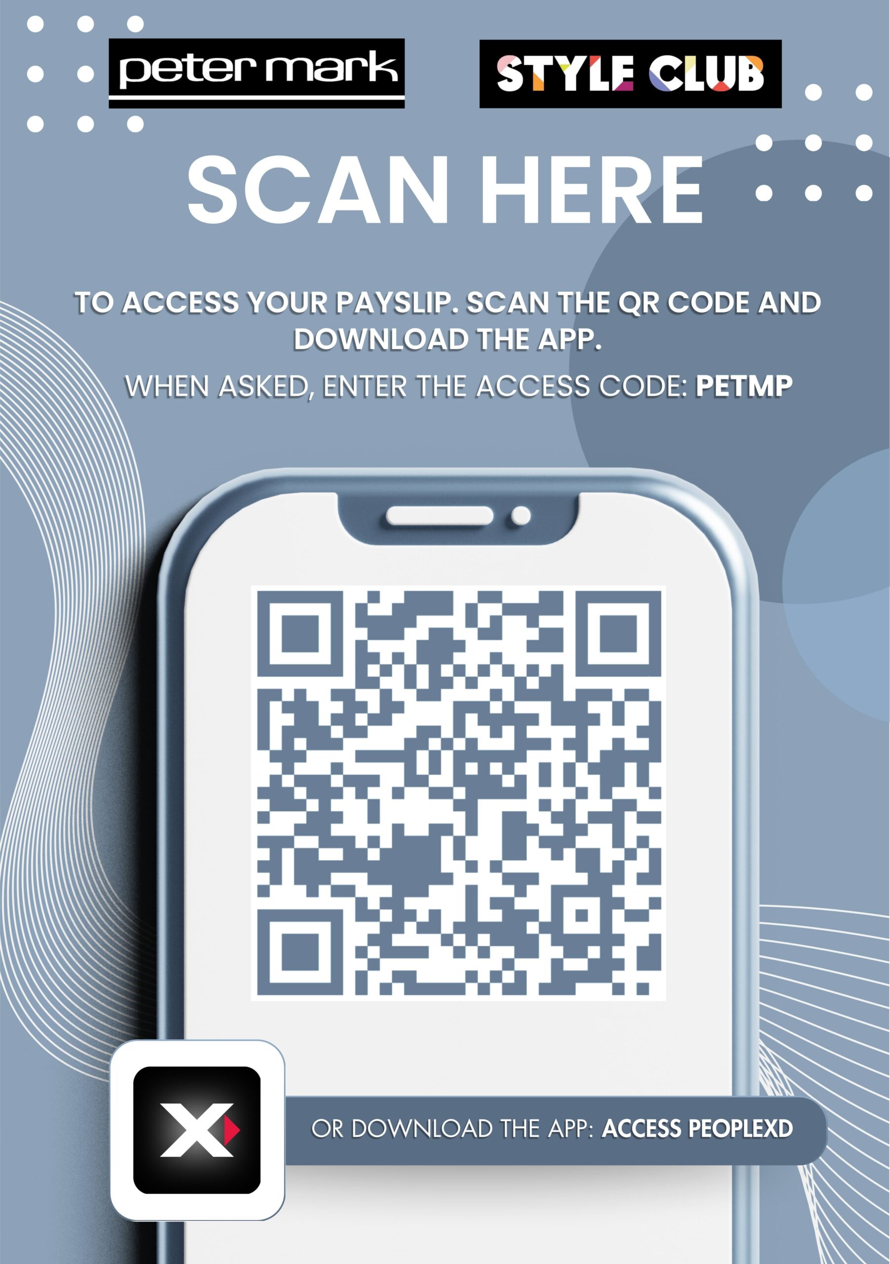 Scan the QR code with your personal phone and download the People XD app
